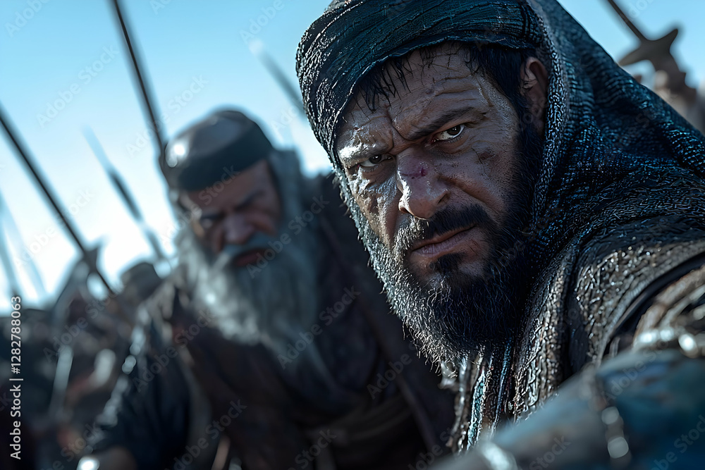 Obraz premium Intense Close-up of a stern warrior, amidst a blurred background of soldiers and spears, suggesting a historical battle scene, ideal for film promotion or historical documentaries
