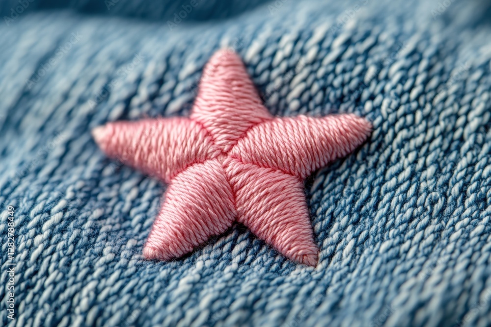 Macro close-up of light pink embroidered stars on light gray denim fabric, featuring detailed stitching and a soft, clean texture for creative design inspiration Macro close-up of light pink embroidered stars on light gray denim fabric, featuring detailed stitching and a soft, clean texture for creative design inspiration
