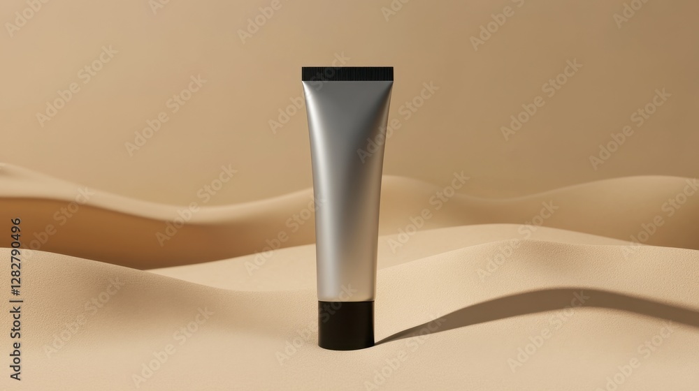 Sleek Cosmetic Tube on Soft Sand Background in Warm Tones Sleek Cosmetic Tube on Soft Sand Background in Warm Tones