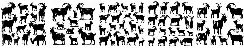Vector, isolated black silhouette of a goat, collection, black and white color Vector, isolated black silhouette of a goat, collection, black and white color