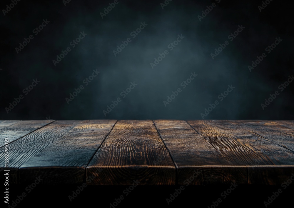 Dark wooden table, smoky background, product display Dark wooden table, smoky background, product display