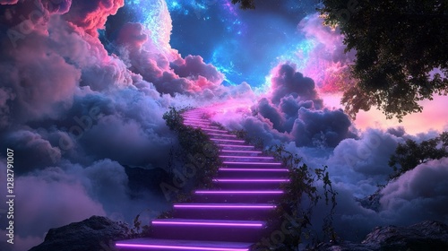 Neon Vines Ascending, a vibrant staircase of luminous vines spiraling into the clouds, enchanting and surreal, a journey through color and light