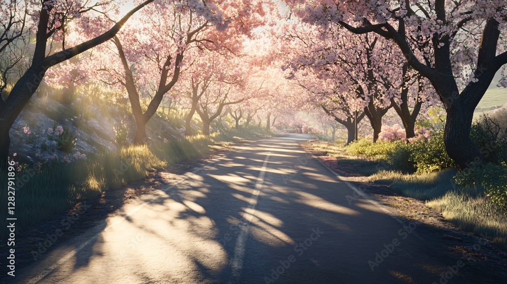 Fototapeta premium Sunlit Road Through Blossom Trees