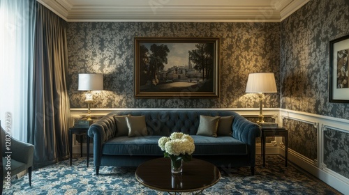 A tapestry of faded elegance, where intricate damask patterns, reminiscent of bygone eras, adorned the walls, inviting the eye to wander through a realm of timeless charm. photo