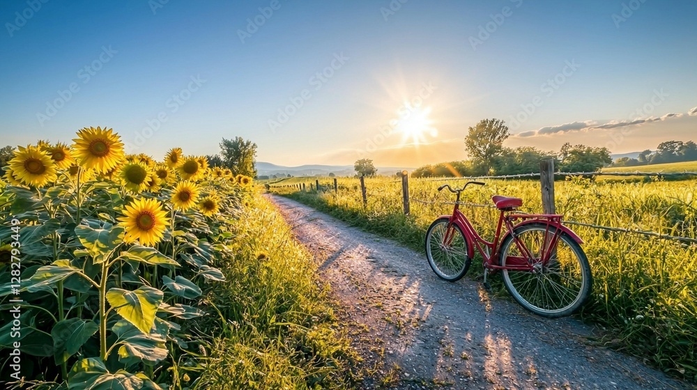 Naklejka premium Sunflowers, Sunset, and Cycling