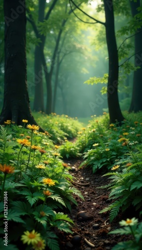 Wallpaper Mural Lush forest floor covered in ferns and wildflowers, vintage, woodland Torontodigital.ca
