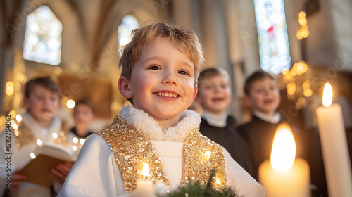 Joyful boy choir member sings Christmas carol in church, candles glowing, other boys in background, perfect for holiday greeting cards