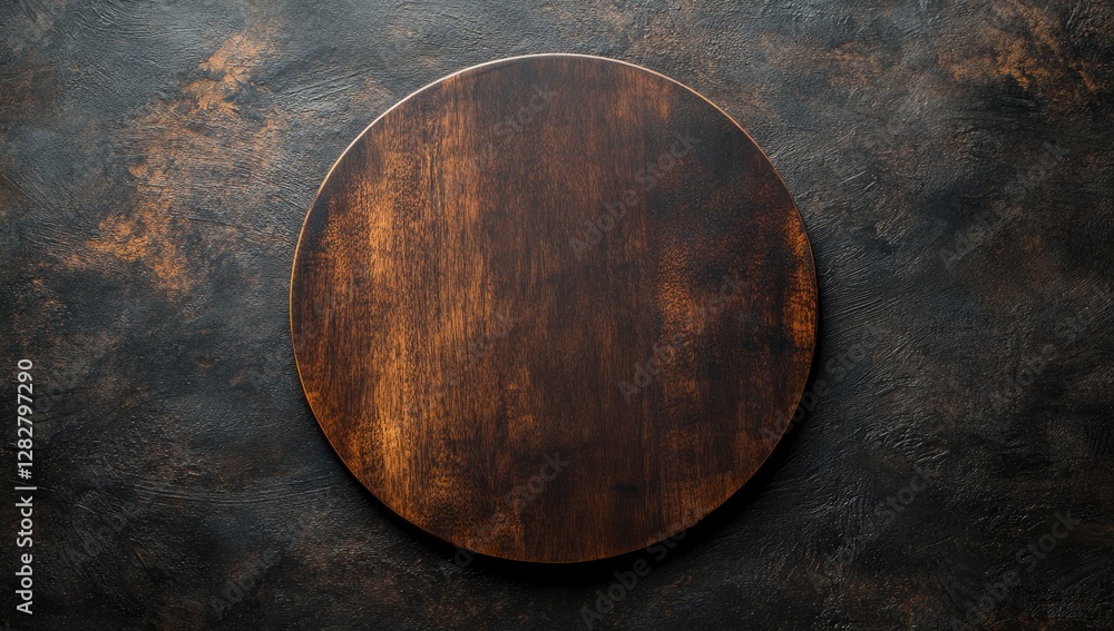 Rustic wooden round board on dark textured background, overhead shot, food photography Rustic wooden round board on dark textured background, overhead shot, food photography