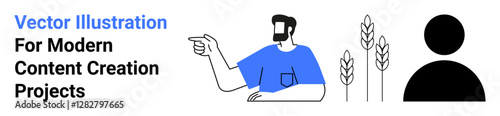 Man in blue shirt pointing, three stylized wheat stalks, and minimalist black human silhouette. Ideal for farming, profile creation, teamwork, communication, education, agriculture flat landing page