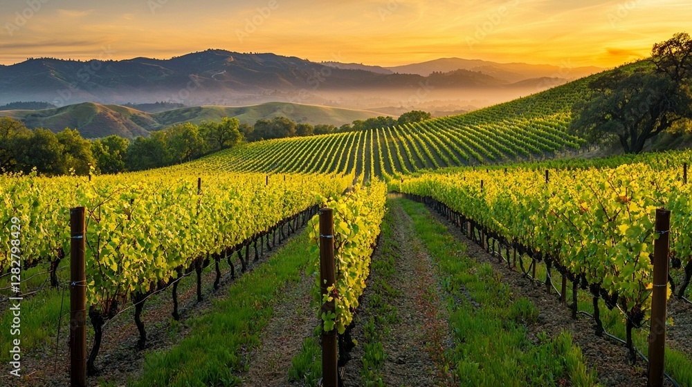 Fototapeta premium Vineyard Sunrise: Golden Hour