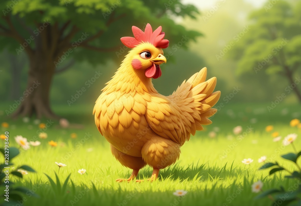 Fototapeta premium Cartoon Chicken on Green Grassy Field