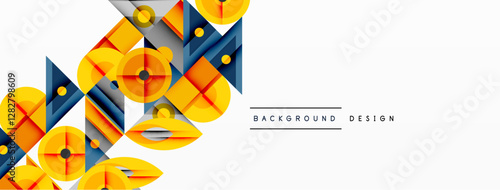 Geometric abstract composition with intersecting shapes, circles, triangles, and gradients, blending vibrant colors and dynamic contrasts to create a modern, futuristic visual design