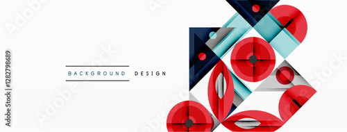 Geometric abstract composition with intersecting shapes, circles, triangles, and gradients, blending vibrant colors and dynamic contrasts to create a modern, futuristic visual design