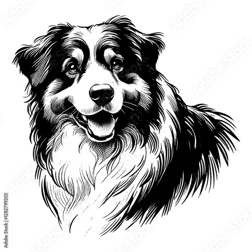 Line art drawing of Australian Shepherd dog's ink sketch vector hand drawn illustration background