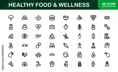 Healthy Food and Wellness Icons Set. Essential Icons for Healthy Eating, Nutrition, and Wellness Lifestyle