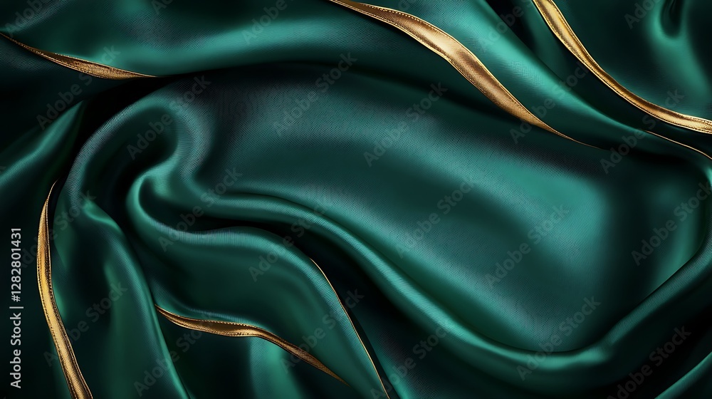 Obraz premium Emerald Green Silk Drapery with Golden Accents: A Luxurious Textured Abstract