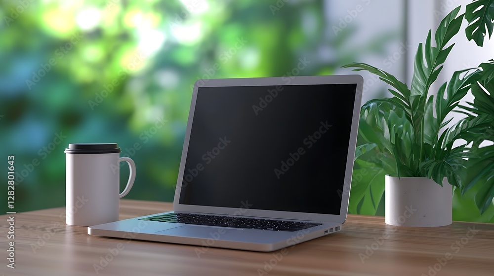 Fototapeta premium Laptop, coffee mug, plant on wooden desk, blurred green background.