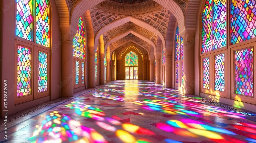 Obraz premium Colorful Stained Glass Windows in a Gorgeous Architectural Hallway