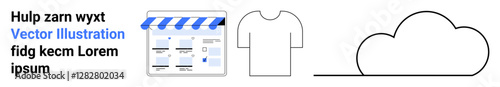 Shopfront marquee above webpage layout, plain T-shirt, and cloud outline. Ideal for e-commerce, cloud storage, fashion retail, web design, online shopping digital transformation marketing. Landing