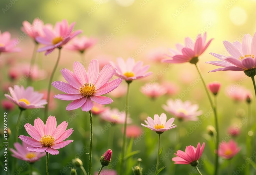 Dreamy cosmos field with pink petals and golden centers Dreamy cosmos field with pink petals and golden centers