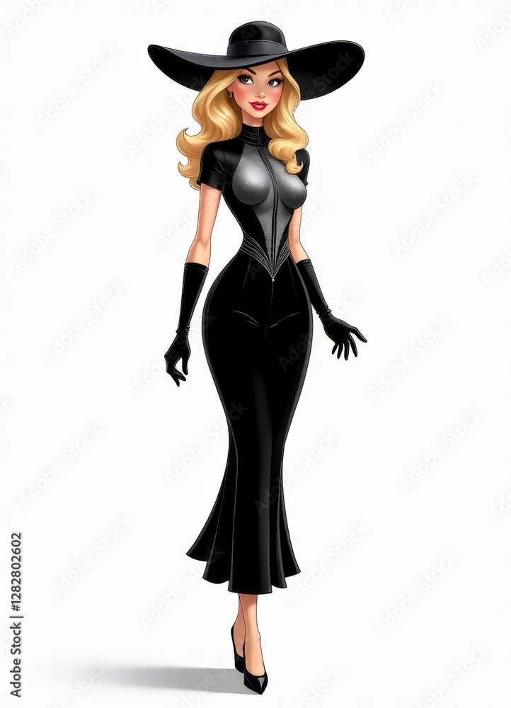 Elegant blonde woman in black gown, hat, and gloves Elegant blonde woman in black gown, hat, and gloves