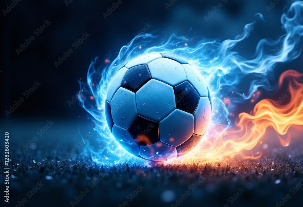 Fototapeta premium Fiery Soccer Ball on Field with Blue and Orange Flames