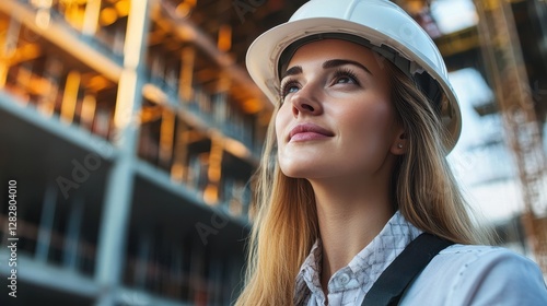 A determined and skilled female construction engineer, her face etched with the wisdom of experience, surveys the construction site, her hardhat a testament to her dedication and expertise.