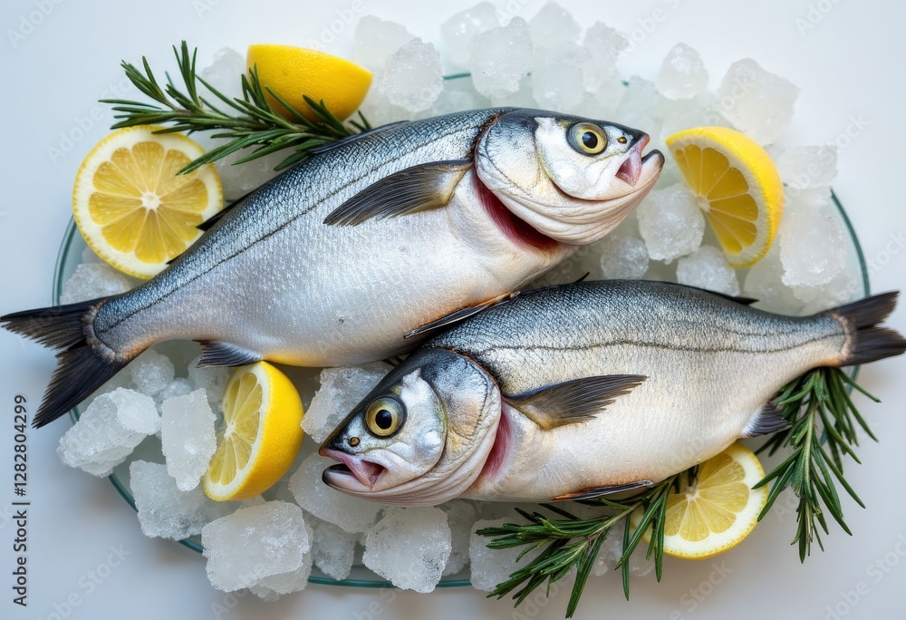Fresh Sea Bass with Lemon and Rosemary on Ice Fresh Sea Bass with Lemon and Rosemary on Ice