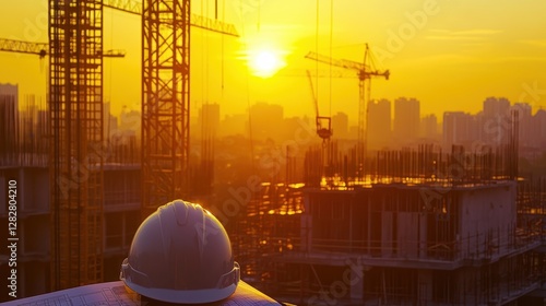 A bustling construction site awakens to a new day, bathed in the golden hues of sunrise, where blueprints unfold like maps to a future structure, and the safety helmet stands vigilant, a silent photo