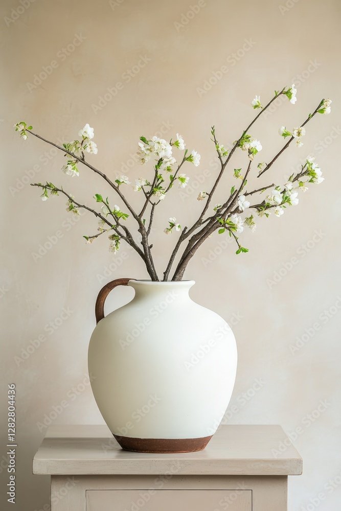 custom made wallpaper toronto digitalMinimalist Ceramic Vase with Blossoming Cherry Branches on Neutral Background