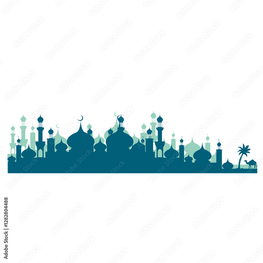 Naklejka premium Mosque Silhouette with Minarets for Eid Mubarak and Ramadan Kareem Celebration. Islamic decor and art vector drawing.