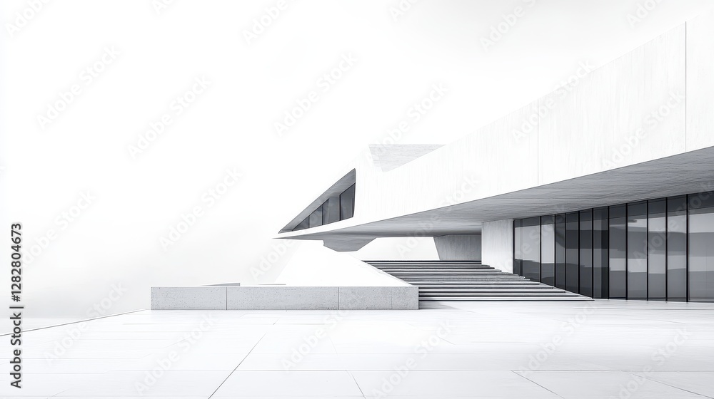 Obraz premium A modern architectural marvel, its sleek lines and sharp corners meticulously crafted in a dynamic perspective drawing, stands as a testament to innovative design, captured in a clean, white backdrop.