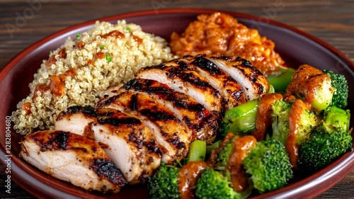 Grilled chicken, quinoa, broccoli, and sauce. Healthy meal