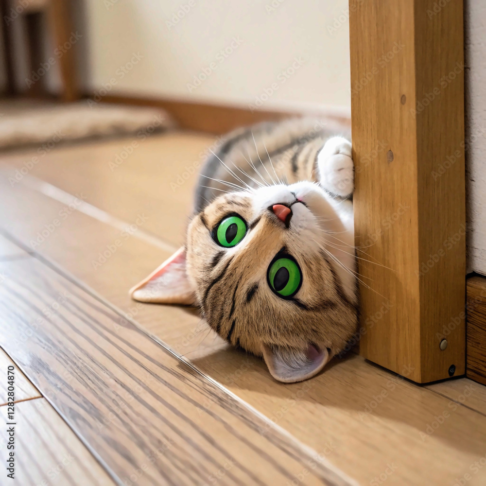 Naklejka premium cat on a wooden table, Curious gray cat peeking over a white surface.