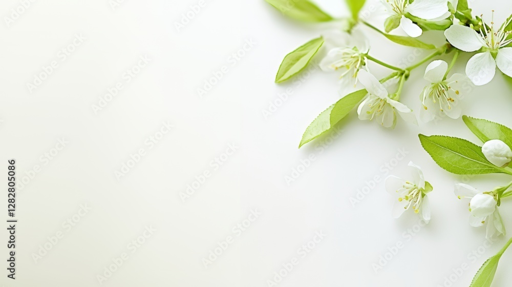 Fototapeta premium White Cherry Blossoms and Green Leaves on White Background