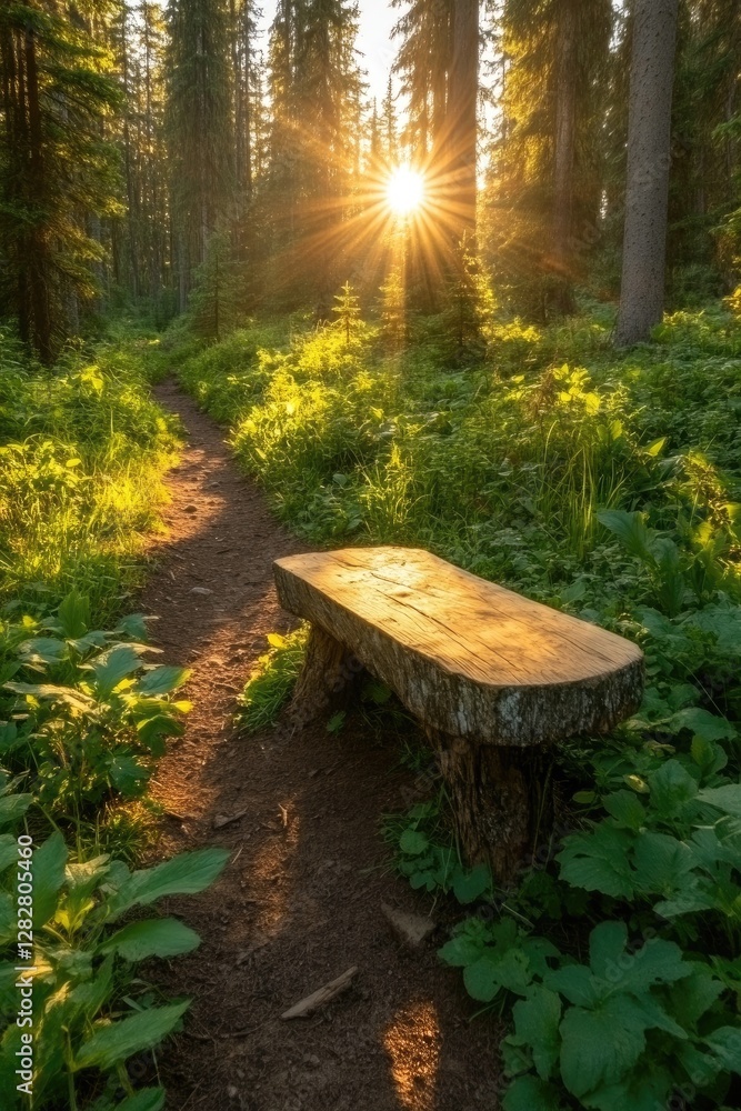 Sunlit Forest Path with Wooden Bench: Tranquil Nature Retreat at Sunrise Sunlit Forest Path with Wooden Bench: Tranquil Nature Retreat at Sunrise