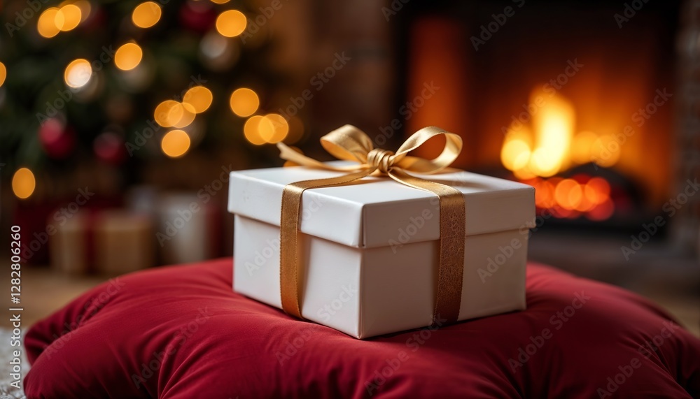 Gift box with a golden ribbon placed on a red velvet cushion in room with a fireplace Gift box with a golden ribbon placed on a red velvet cushion in room with a fireplace