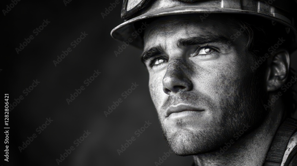 A young, confident construction worker, his brow furrowed in concentration as he surveyed the site with a determined gaze, his face framed by the brim of his well-worn hard hat, his safety gear A young, confident construction worker, his brow furrowed in concentration as he surveyed the site with a determined gaze, his face framed by the brim of his well-worn hard hat, his safety gear