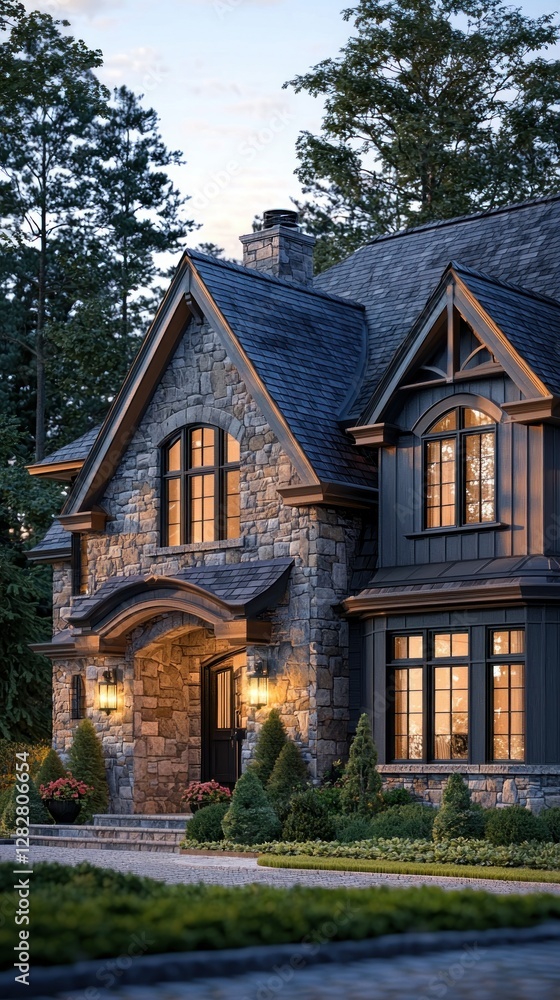 Luxury stone house exterior at dusk with warm lights, forest backdrop Luxury stone house exterior at dusk with warm lights, forest backdrop