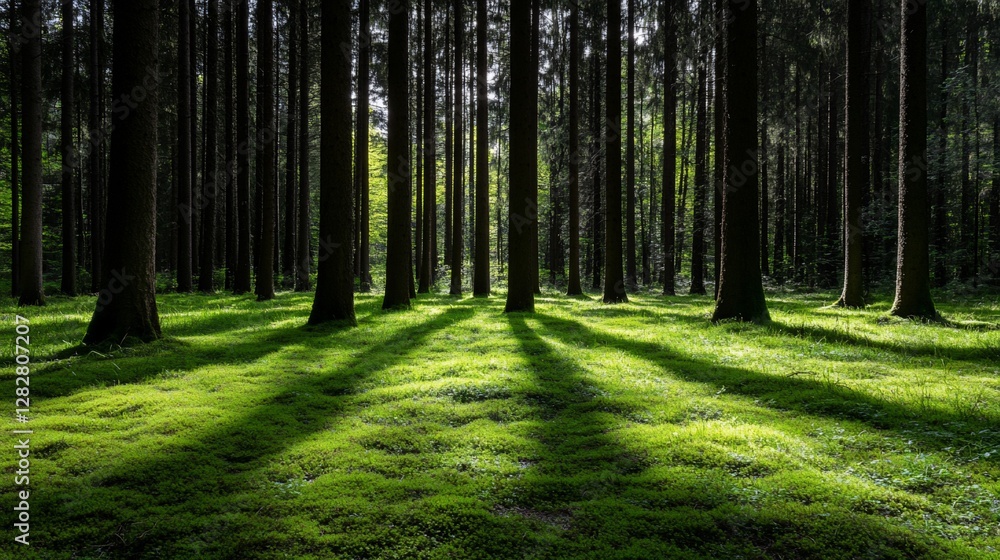 Fototapeta premium Sunbeams illuminate mossy forest floor.