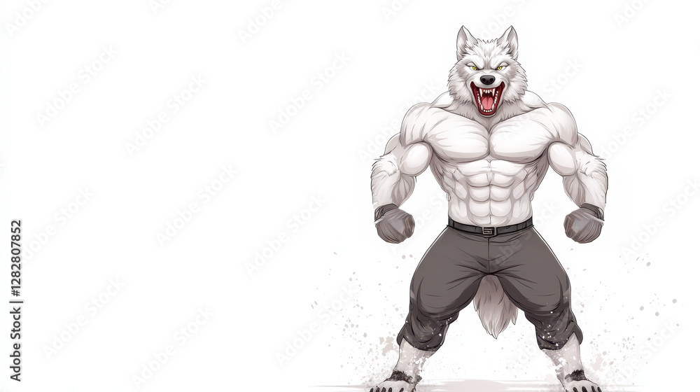 muscular cartoon wolf showing determination and strength in powerful pose muscular cartoon wolf showing determination and strength in powerful pose