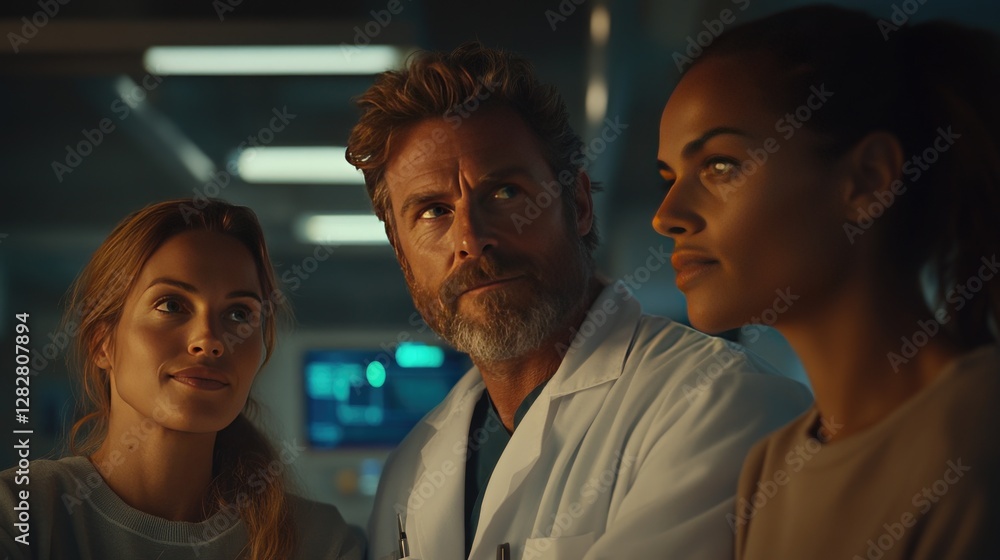Diverse Medical Team Collaborating in a Modern Hospital Environment Diverse Medical Team Collaborating in a Modern Hospital Environment