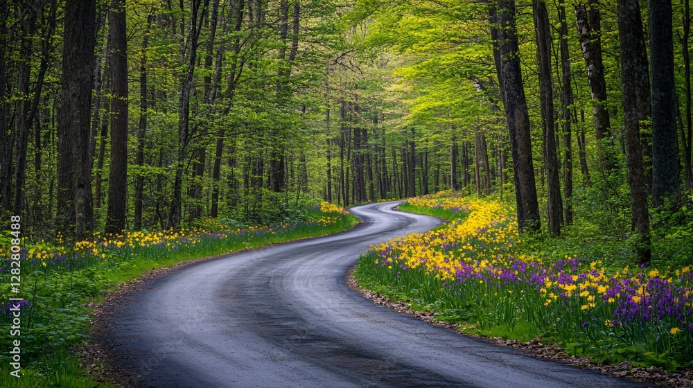 Fototapeta premium Winding Country Road Through Spring Blooming Forest