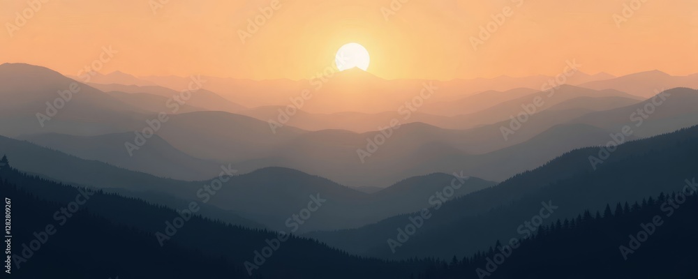 Obraz premium Minimalist Mountain Landscape with Rising Sun and Haze