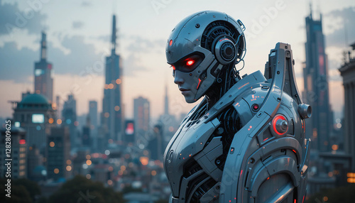 Battle-Ready AI Robot: Futuristic Warrior in a Dystopian City
