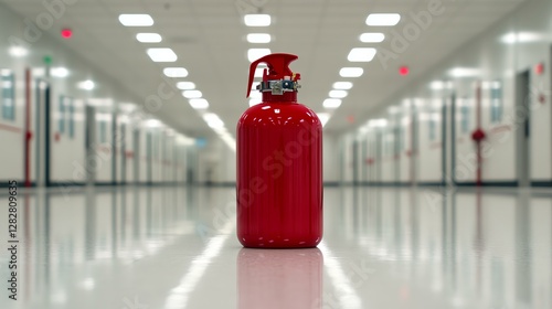 Bright red fire extinguisher in hallway.