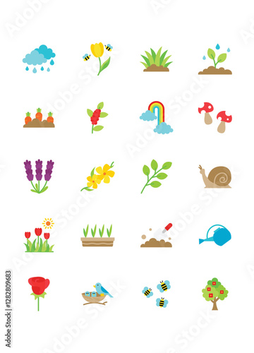 Set of spring season icons, flowers, natural