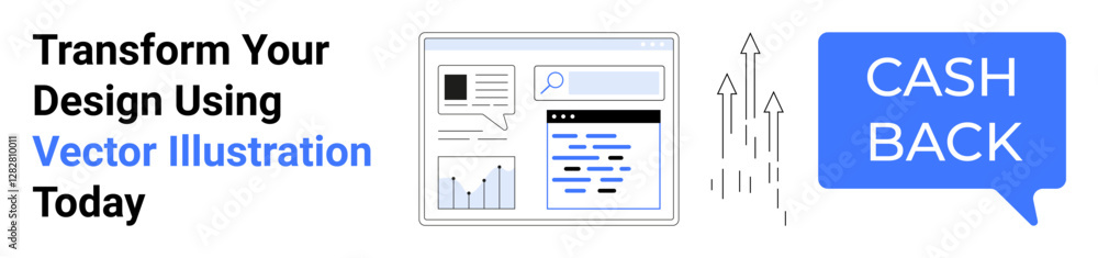 Web browser window with charts, search bar, and content layout, arrows indicating growth, and cashback message. Ideal for design, finance, marketing, apps analytics sales flat landing page banner Web browser window with charts, search bar, and content layout, arrows indicating growth, and cashback message. Ideal for design, finance, marketing, apps analytics sales flat landing page banner