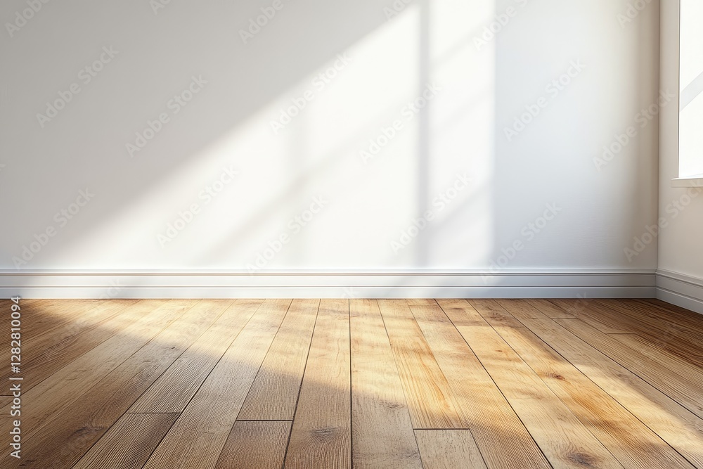 Sunlight streams into empty room, hardwood floor, white walls, interior design mockup Sunlight streams into empty room, hardwood floor, white walls, interior design mockup