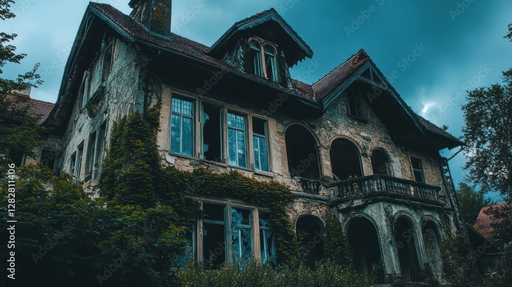 Abandoned mansion overgrown with ivy at twilight Abandoned mansion overgrown with ivy at twilight